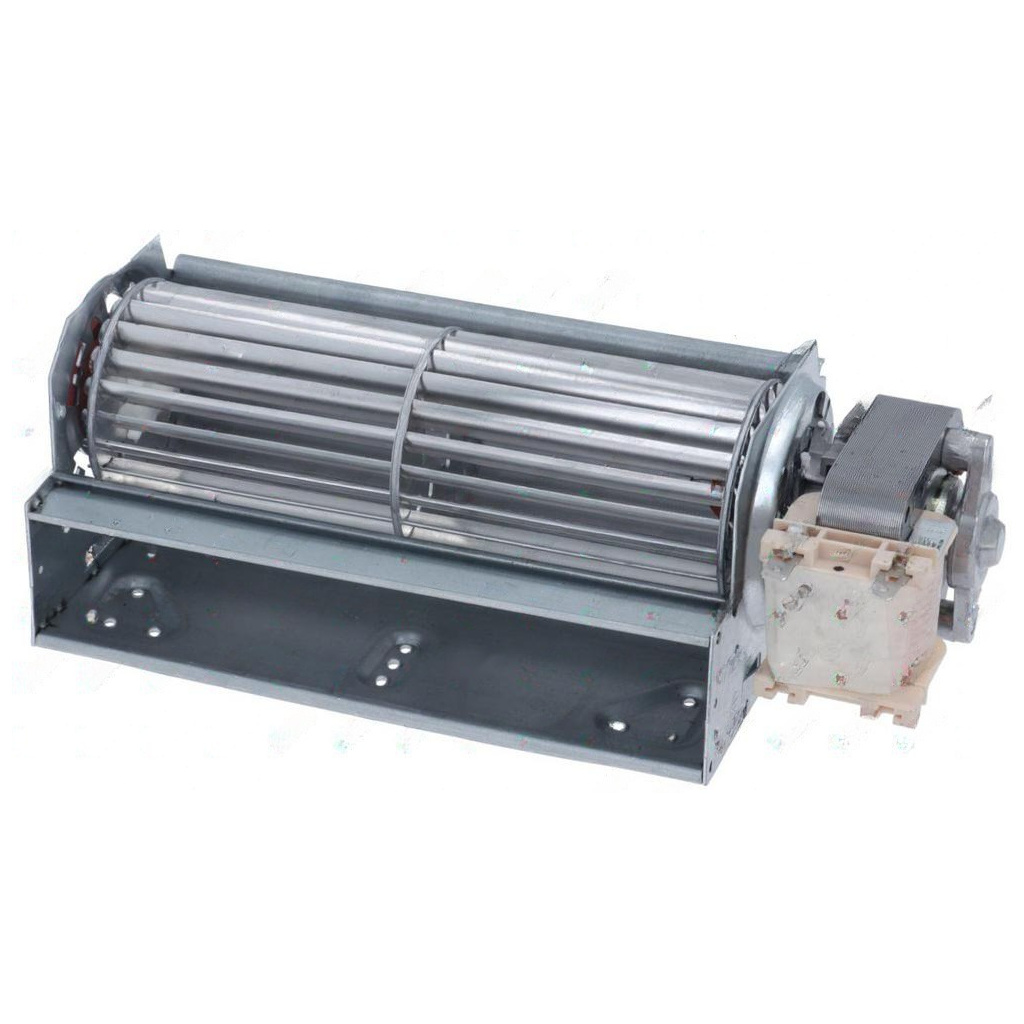 Motor vpravo a červený uzávěr na konci lopatkového kola, tangenciální ventilátor 180 mm