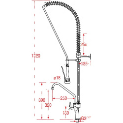 Technický nákres předoplachové sprchy s kótami do výšky 1220 mm Technický nákres předoplachové sprchy s kótami do výšky 1220 mm
