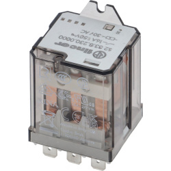 Elektromagnetické relé v průhledném plastovém krytu s kovovými kontakty a třemi vývody dole.