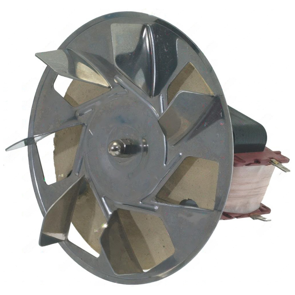 Kovové lopatkové kolo radiálního ventilátoru s náboji a otvorem pro hřídel motoru.