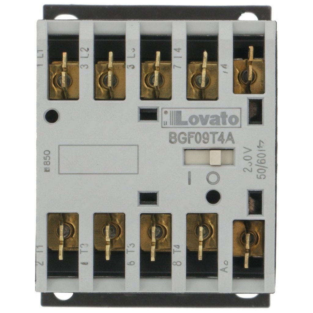 Stykač Lovato BGF09T4A se čtyřmi hlavními svorkami s ploškovými konektory pro montáž na lištu Stykač Lovato BGF09T4A se čtyřmi hlavními svorkami s ploškovými konektory pro montáž na lištu