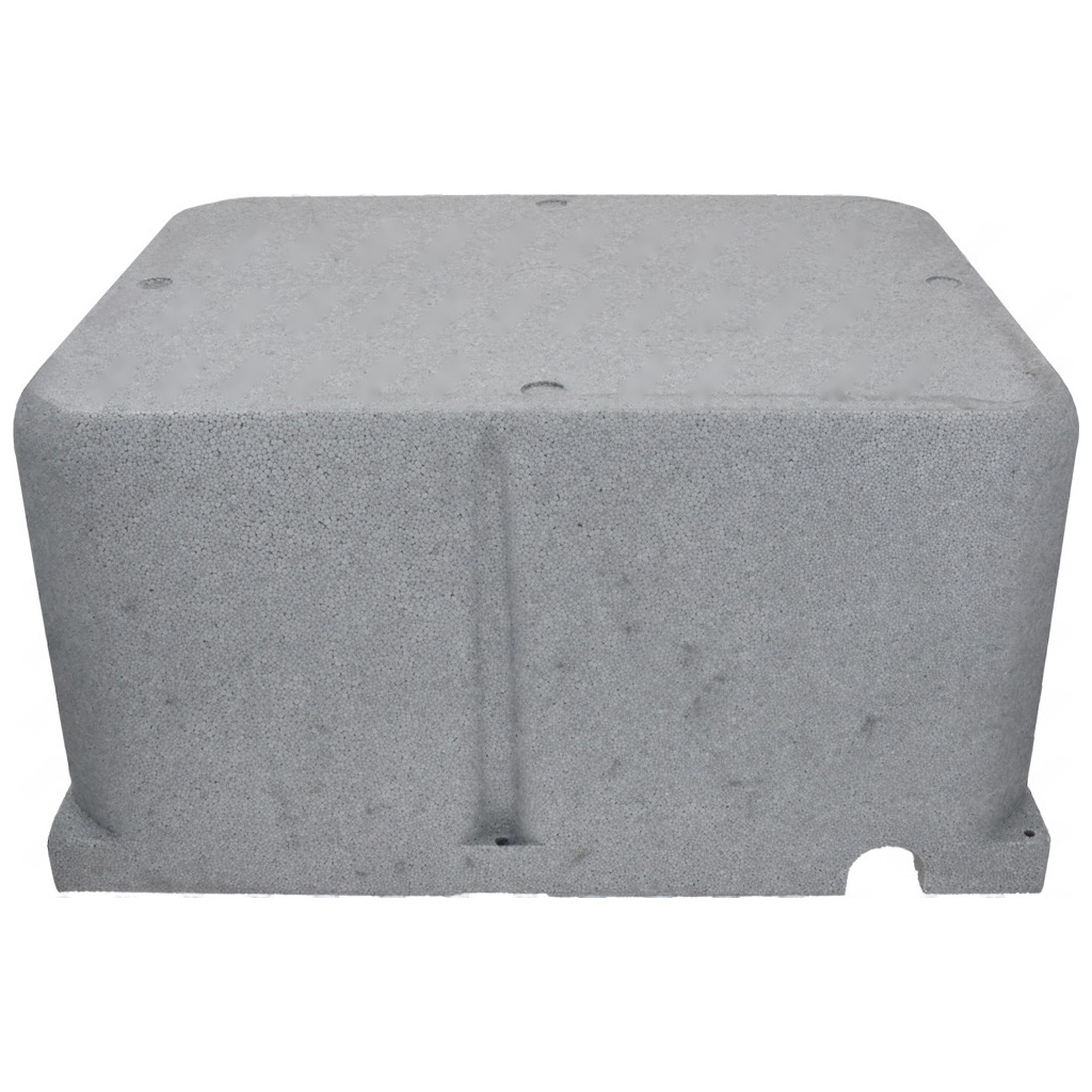 Šedý pěnový polystyrenový blok obdélníkového tvaru s montážními otvory