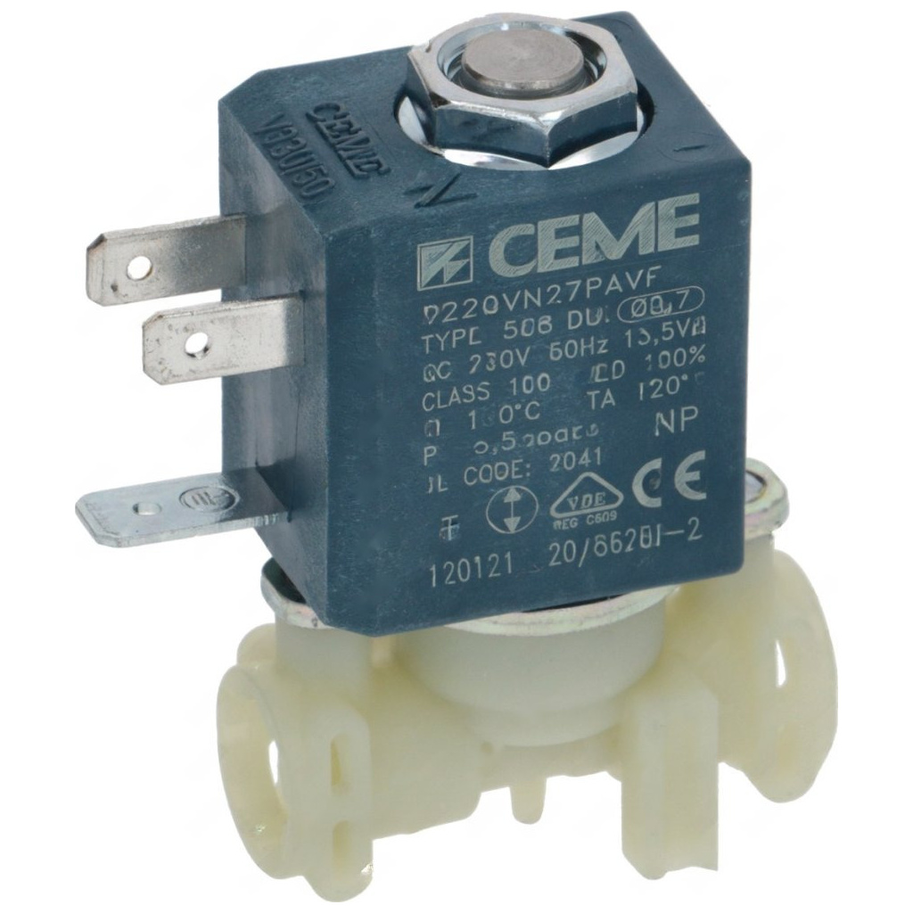Elektromagnetický ventil CEME s modrým tělem, dvěma kolíkovými konektory a bílou plastovou základnou