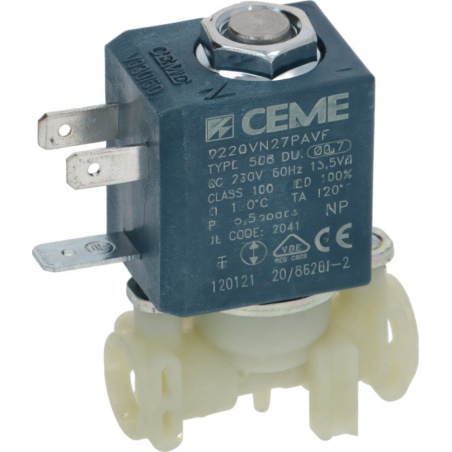 Elektromagnetický ventil CEME s modrým tělem, dvěma kolíkovými konektory a bílou plastovou základnou