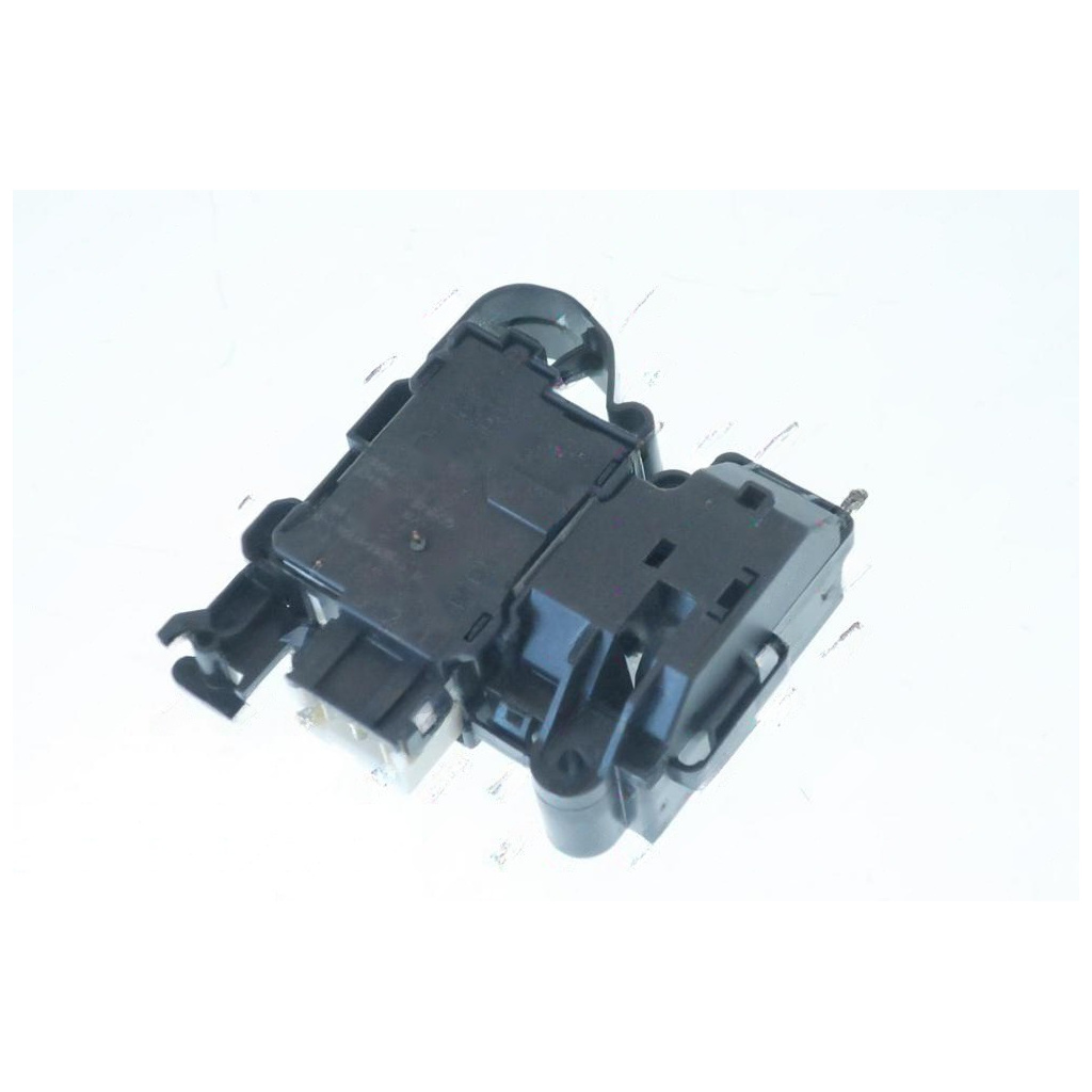 Černý plastový zámek dveří s elektrickými konektory a pohyblivým západkovým mechanismem