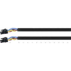 Dva úseky černého plnožilového kabelu se čtyřpólovým konektorem na konci, kabel je zobrazen po částech Dva úseky černého plnožilového kabelu se čtyřpólovým konektorem na konci, kabel je zobrazen po částech