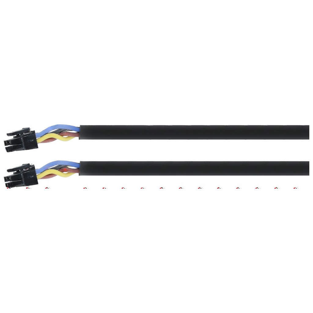 Dva úseky černého plnožilového kabelu se čtyřpólovým konektorem na konci, kabel je zobrazen po částech Dva úseky černého plnožilového kabelu se čtyřpólovým konektorem na konci, kabel je zobrazen po částech