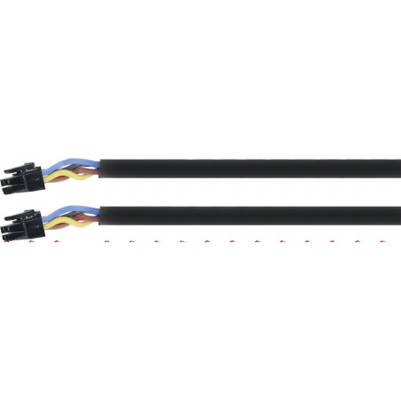 Dva úseky černého plnožilového kabelu se čtyřpólovým konektorem na konci, kabel je zobrazen po částech