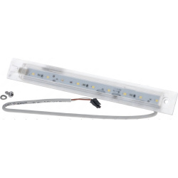 LED osvětlovací lišta v průhledném krytu s řadou diod, konektorem a vodiči, se dvěma šrouby