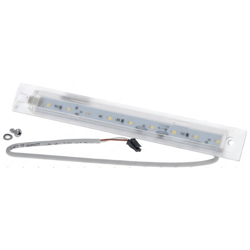 LED osvětlovací lišta v průhledném krytu s řadou diod, konektorem a vodiči, se dvěma šrouby