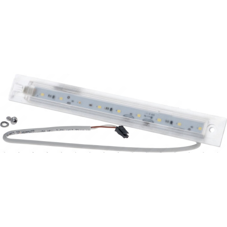 LED osvětlovací lišta v průhledném krytu s řadou diod, konektorem a vodiči, se dvěma šrouby