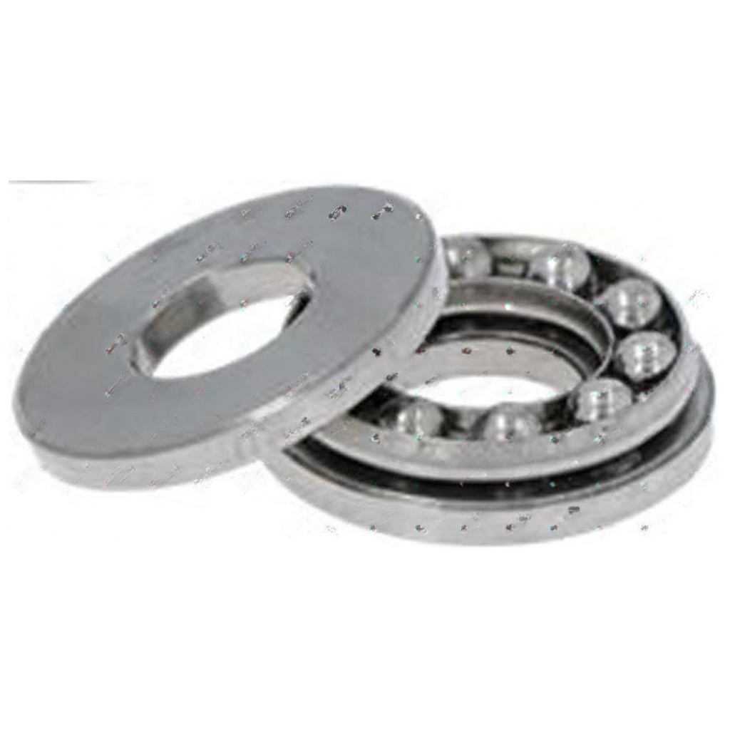 Axiální kuličkové ložisko rozložené na dvě kovové podložky a klec s kuličkami. Axiální kuličkové ložisko rozložené na dvě kovové podložky a klec s kuličkami.