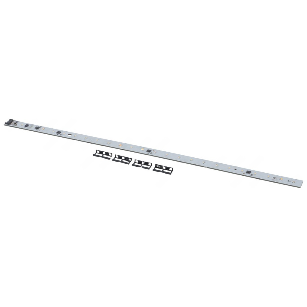 LED lišta 410 mm na kovovém profilu s řadou drobných LED diod a plastovými montážními svorkami.