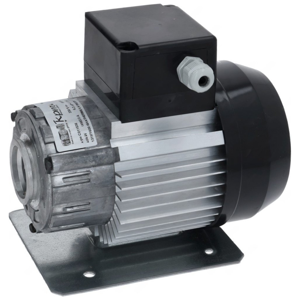Elektromotor s žebrovaným hliníkovým tělem, černou svorkovnicí a montážní patkou.