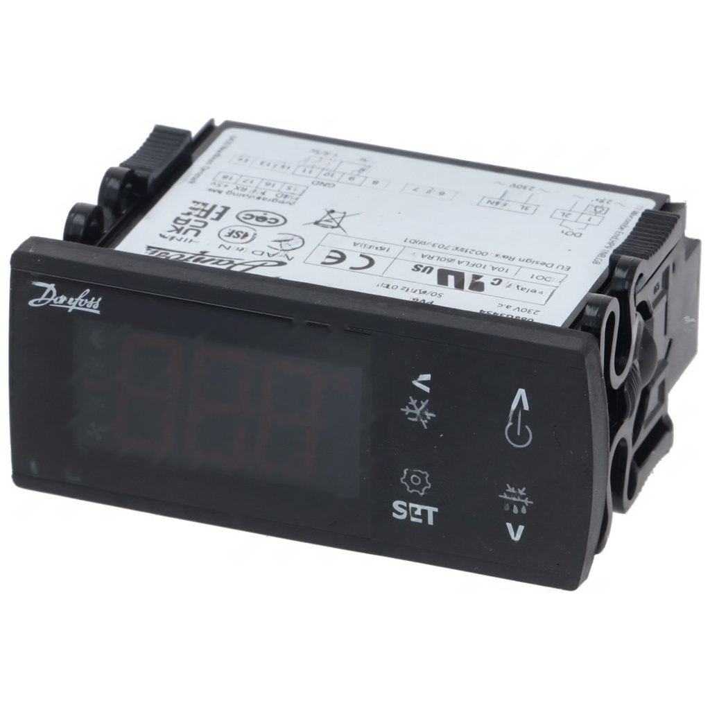 Elektronický regulátor Danfoss ERC 211, černý modul s digitálním displejem a čtyřmi ovládacími tlačítky.