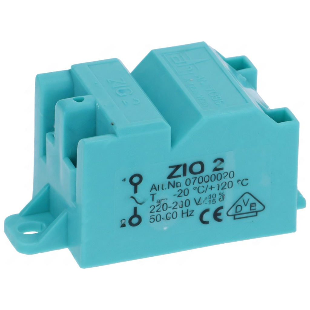 Tyrkysový plastový modul elektrického zapalovače s označením ZIO 2 a kolíkovými konektory.