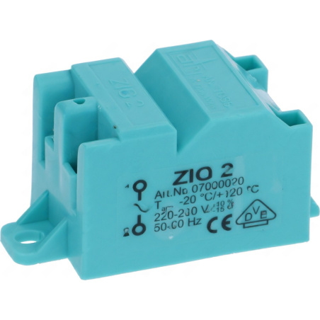 Tyrkysový plastový modul elektrického zapalovače s označením ZIO 2 a kolíkovými konektory.