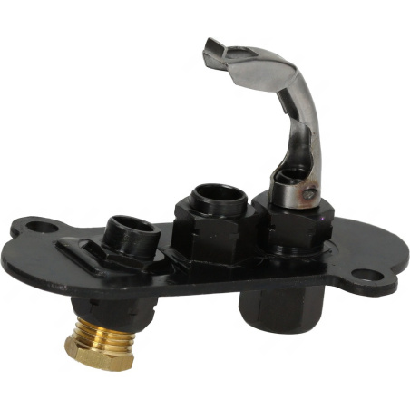 Zapalovací hořáček s černým úchytem, třemi tryskami a zahnutou zapalovací elektrodou.
