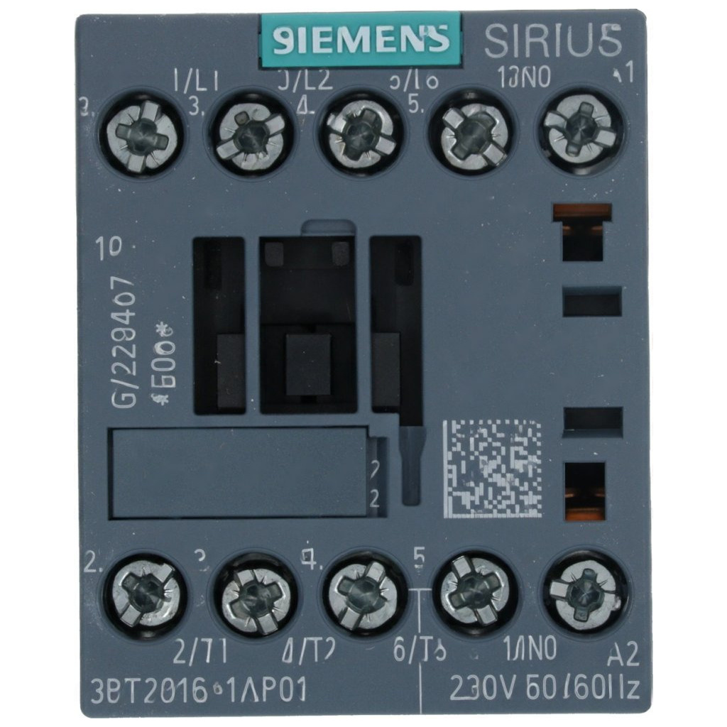 Elektrický stykač Siemens s cívkou a sadou šroubových svorek nahoře i dole.