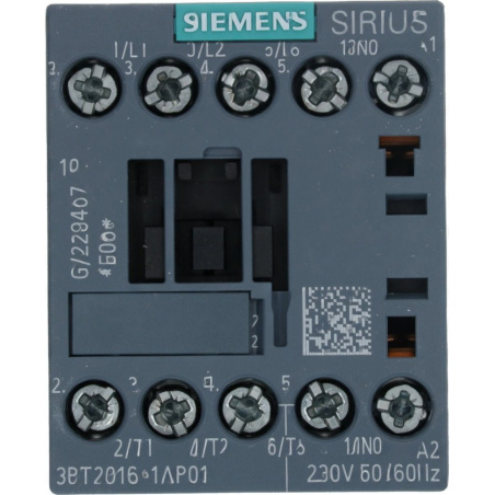 Elektrický stykač Siemens s cívkou a sadou šroubových svorek nahoře i dole.