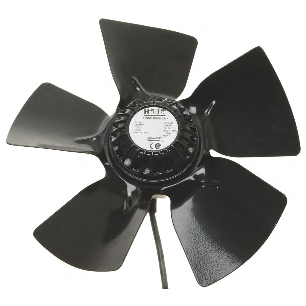 Axiální ventilátor Hidria R09E-3028P-4M-2502, černé pětilisté oběžné kolo s motorem a štítkem.
