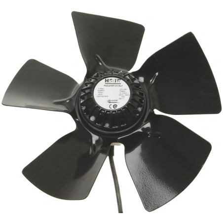 Axiální ventilátor Hidria R09E-3028P-4M-2502, černé pětilisté oběžné kolo s motorem a štítkem.