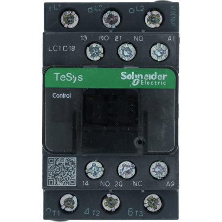 Stykač Schneider TeSys se šroubovými svorkami a QR kódem na štítku