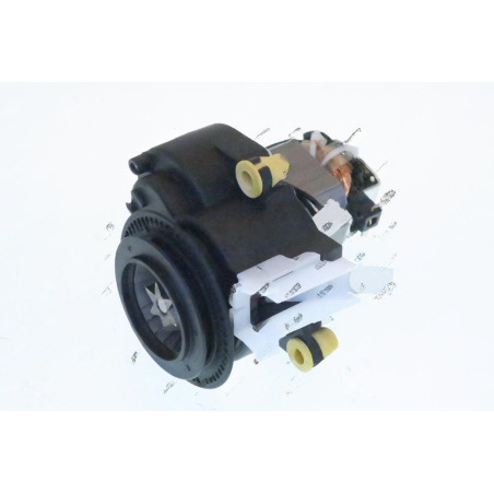 Elektromotor mlýnku na kávu s černým pouzdrem, komutátorem a vývody vinutí.