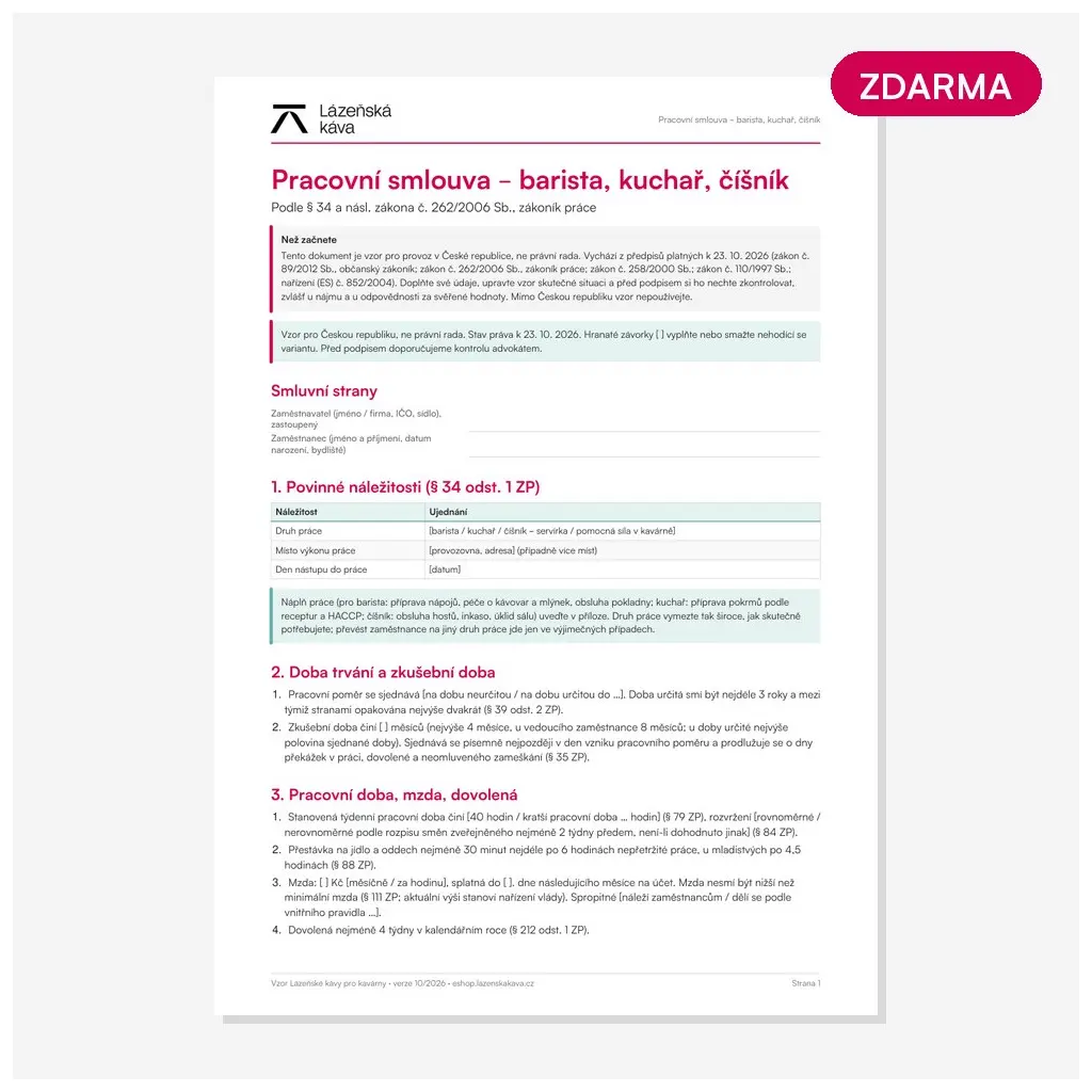 Pracovní smlouva – barista, kuchař, číšník Pracovní smlouva – barista, kuchař, číšník