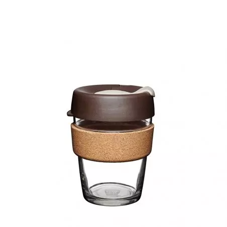 Skleněný thermo hrnek s hnědým víkem a korkovým držákem