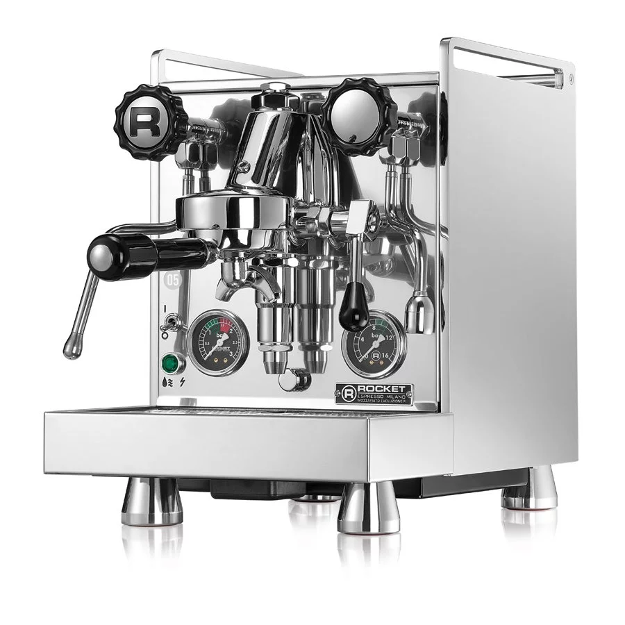 Stříbrný domácí pákový kávovar Rocket Espresso Mozzafiato Cronometro R, ideální pro použití v domácnostech.
