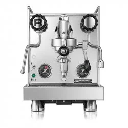 Stříbrný domácí pákový kávovar Rocket Espresso Mozzafiato Cronometro R, ideální pro přípravu espressa.