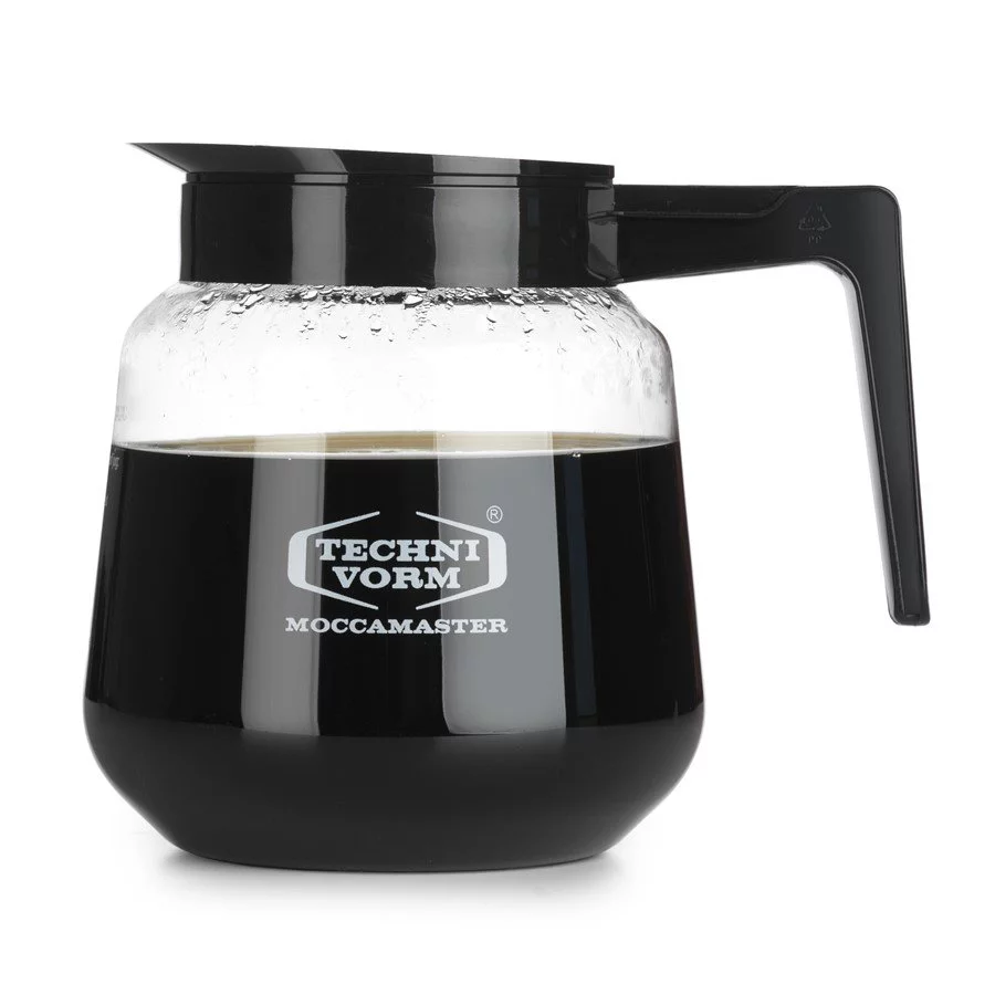 Skleněná konvice Moccamaster od Technivorm o objemu 1,8 litru v elegantní černé barvě, určená pro kávovary.