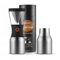 Stříbrný cold brew kávovar Asobu KB900, ideální pro přípravu studené kávy.